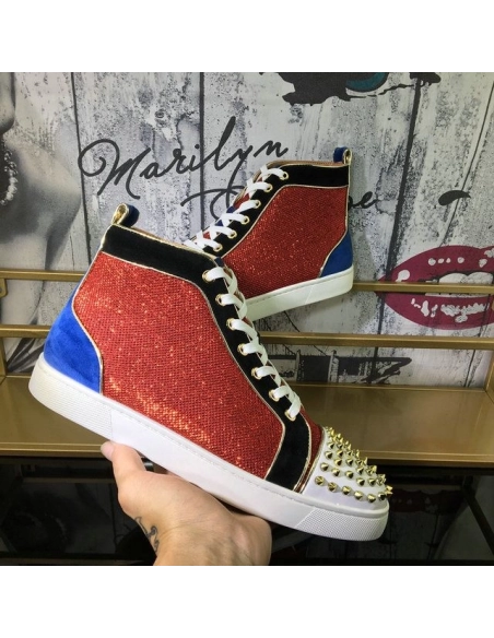 Knockoff Christian Louboutin Louis Spikes High-Top Sneakers Suede and Glitter Leather Multicolor