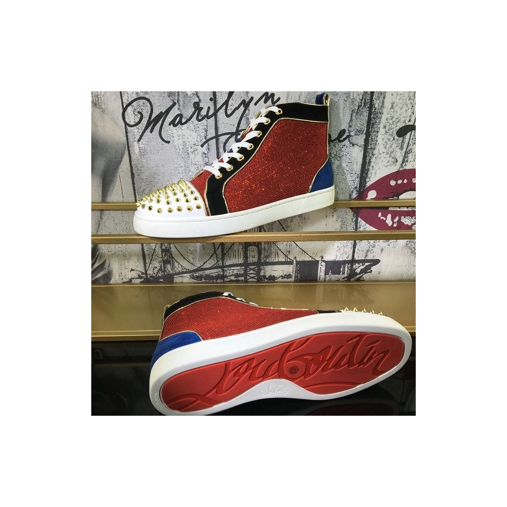 Knockoff Christian Louboutin Louis Spikes High-Top Sneakers Suede and Glitter Leather Multicolor