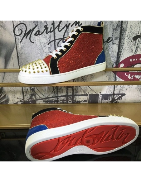Knockoff Christian Louboutin Louis Spikes High-Top Sneakers Suede and Glitter Leather Multicolor