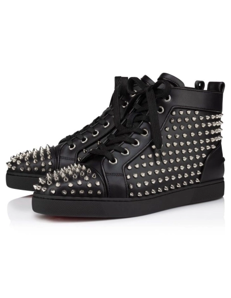 Fake Christian Louboutin Louis Night Spikes High-Top Sneakers Calf and Nappa Leather Black