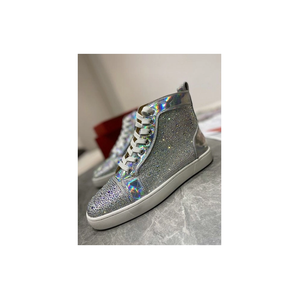 Christian Louboutin Louis Strass High-top Sneakers Iridescent Leather and Strass Silver