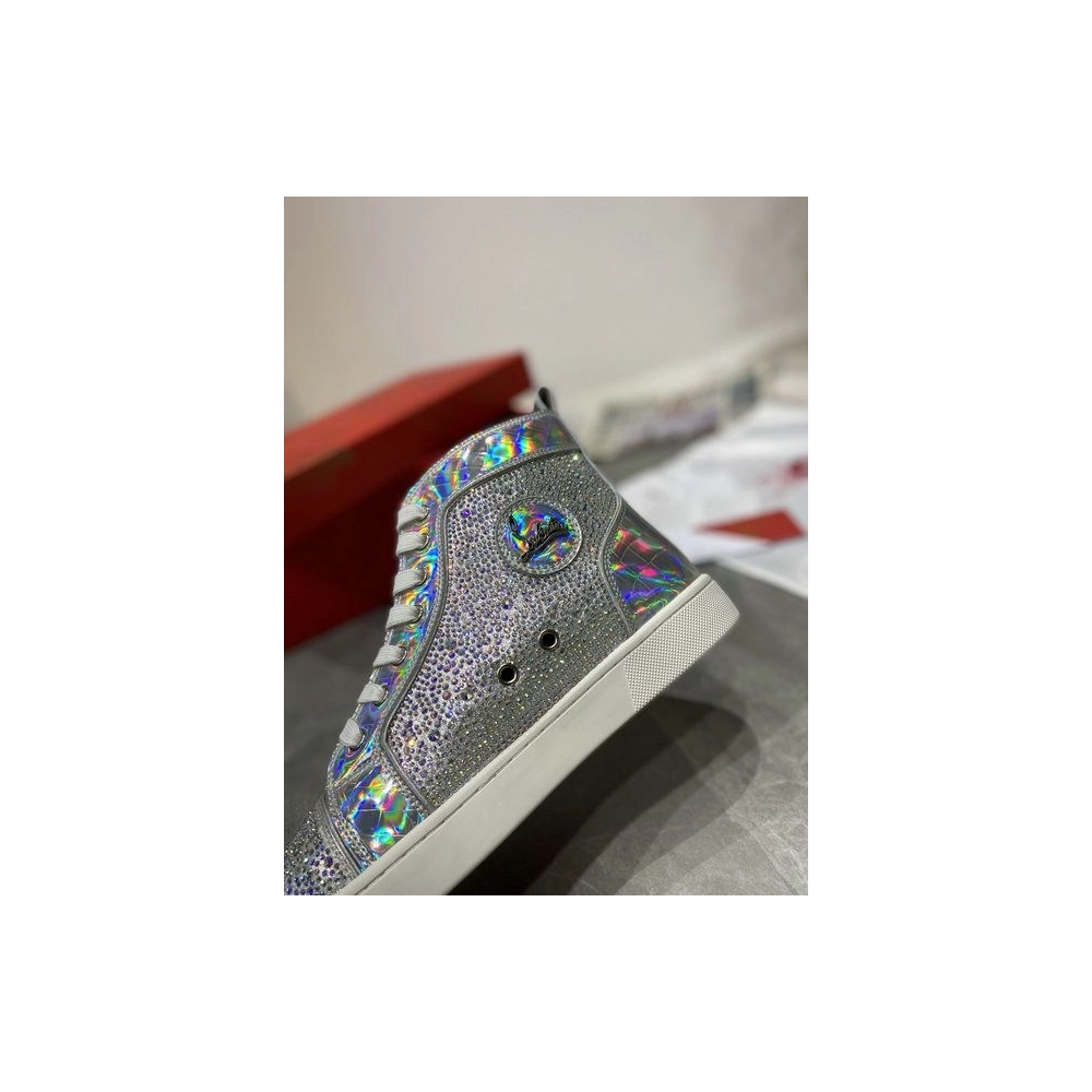 Christian Louboutin Louis Strass High-top Sneakers Iridescent Leather and Strass Silver