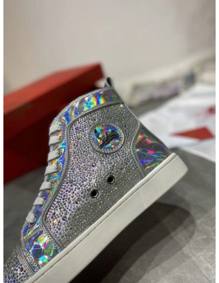 Christian Louboutin Louis Strass High-top Sneakers Iridescent Leather and Strass Silver