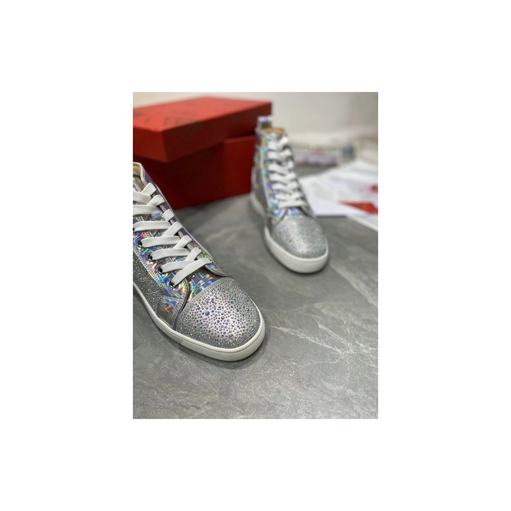 Christian Louboutin Louis Strass High-top Sneakers Iridescent Leather and Strass Silver