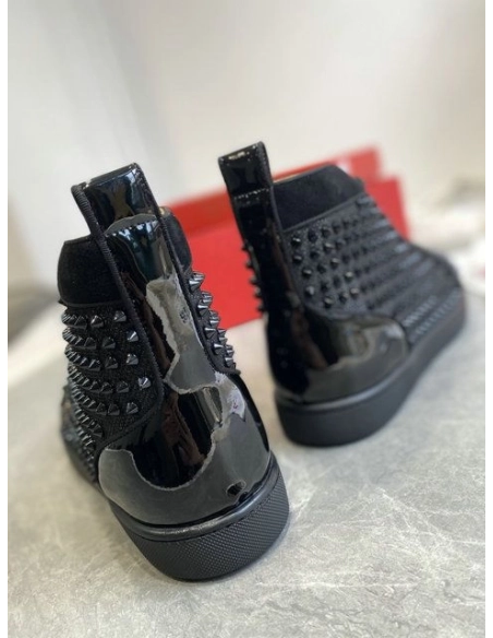 Replica Christian Louboutin Louis Orlato High-top Sneakers Veau Velours and Patent Leather Black