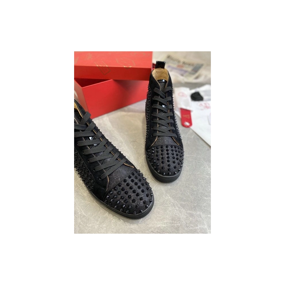 Replica Christian Louboutin Louis Orlato High-top Sneakers Veau Velours and Patent Leather Black