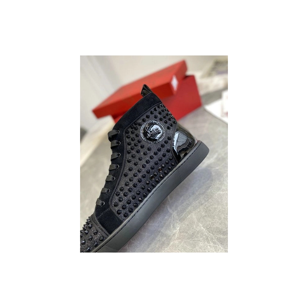 Replica Christian Louboutin Louis Orlato High-top Sneakers Veau Velours and Patent Leather Black