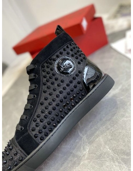 Replica Christian Louboutin Louis Orlato High-top Sneakers Veau Velours and Patent Leather Black