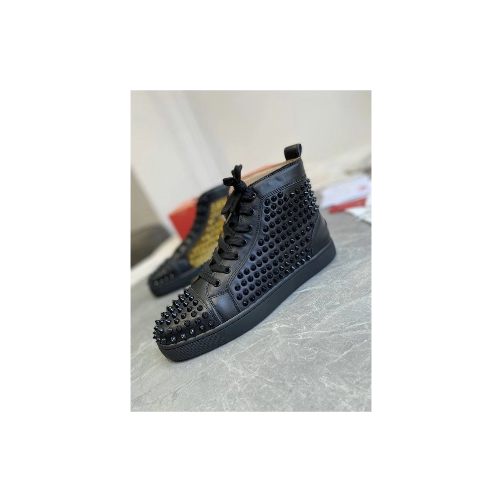 Cheap Christian Louboutin Louis Laminato Dino High-top Sneakers Calfskin Black Gold for Sale