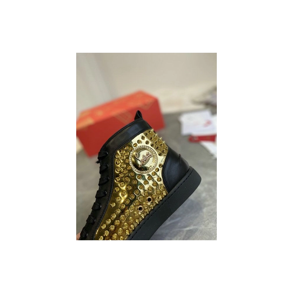 Cheap Christian Louboutin Louis Laminato Dino High-top Sneakers Calfskin Black Gold for Sale