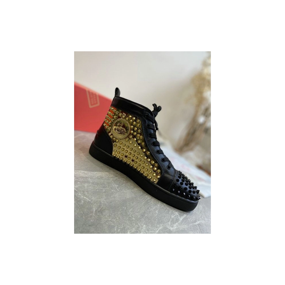 Cheap Christian Louboutin Louis Laminato Dino High-top Sneakers Calfskin Black Gold for Sale