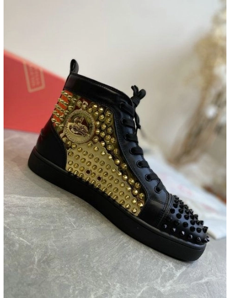 Cheap Christian Louboutin Louis Laminato Dino High-top Sneakers Calfskin Black Gold for Sale
