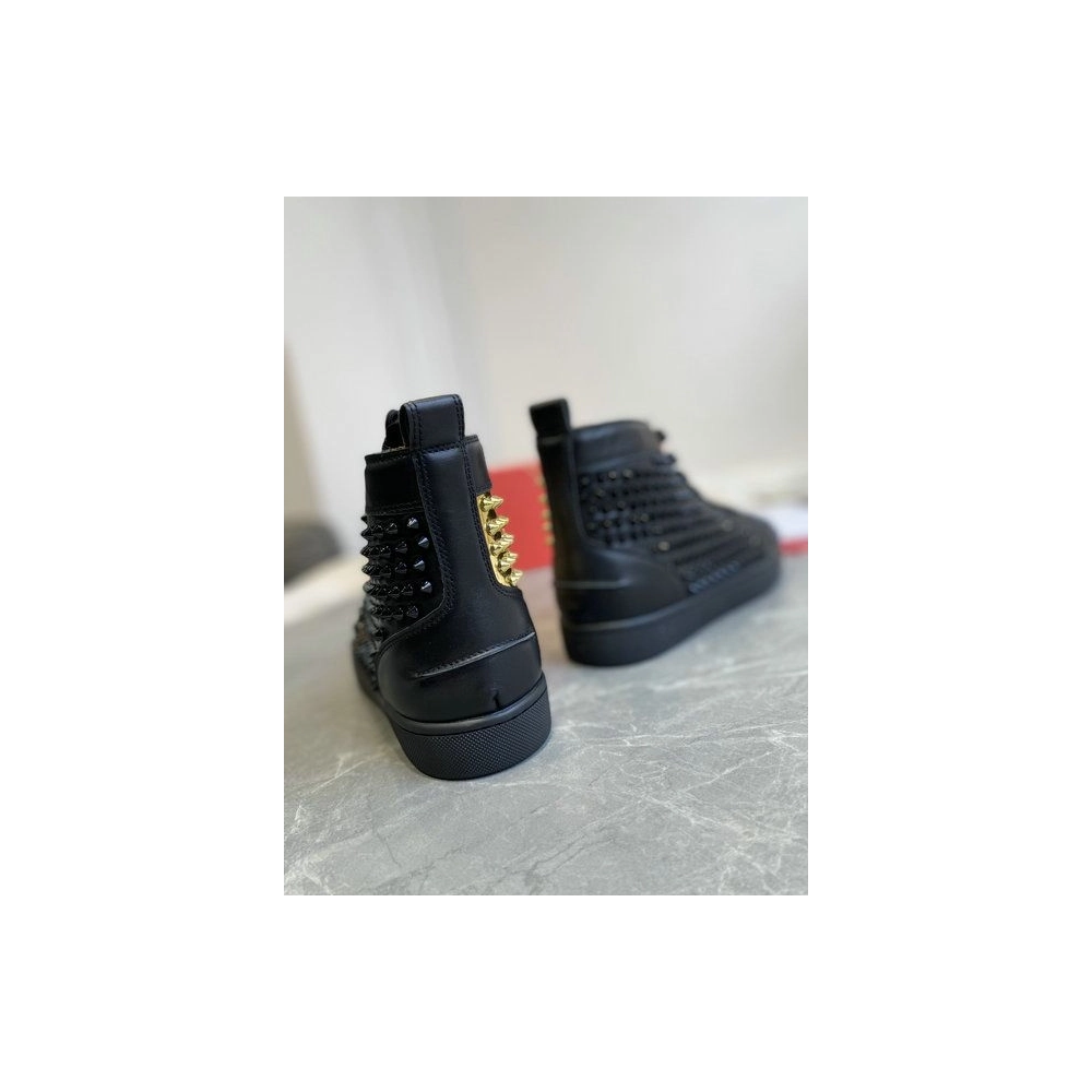 Cheap Christian Louboutin Louis Laminato Dino High-top Sneakers Calfskin Black Gold for Sale