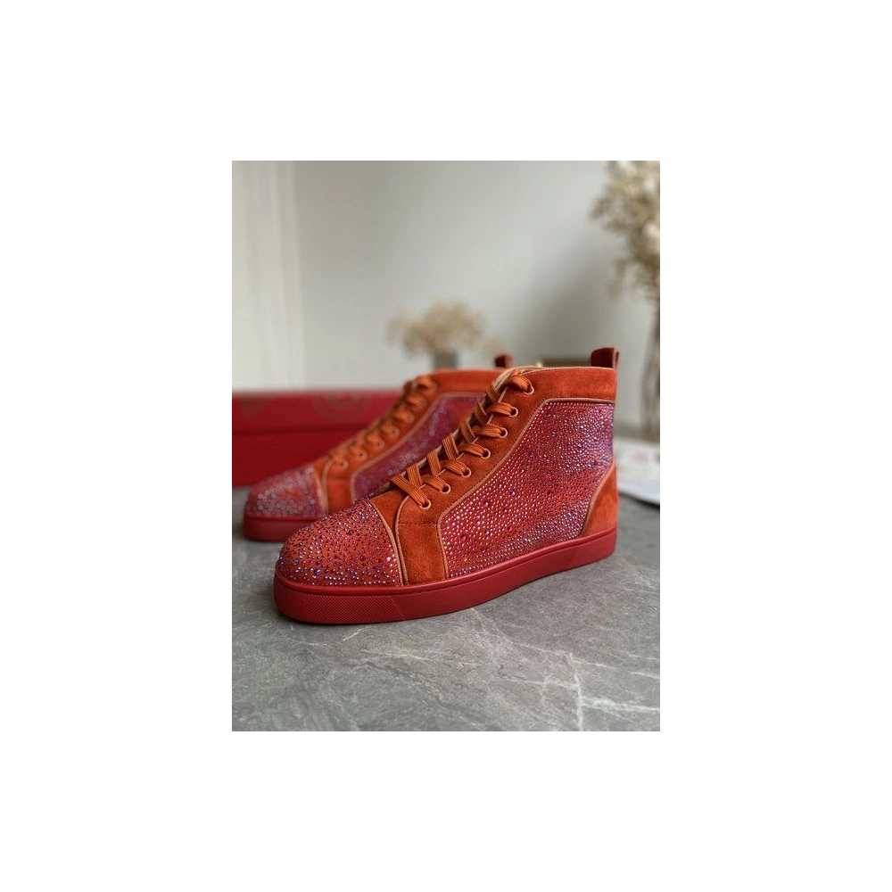Cheap Christian Louboutin Louis Strass High-Top Sneakers Veau Velous and Strass Orange Sale Online