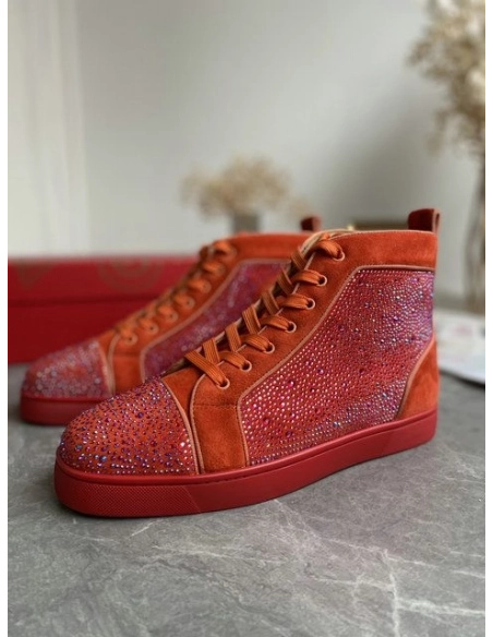 Cheap Christian Louboutin Louis Strass High-Top Sneakers Veau Velous and Strass Orange Sale Online
