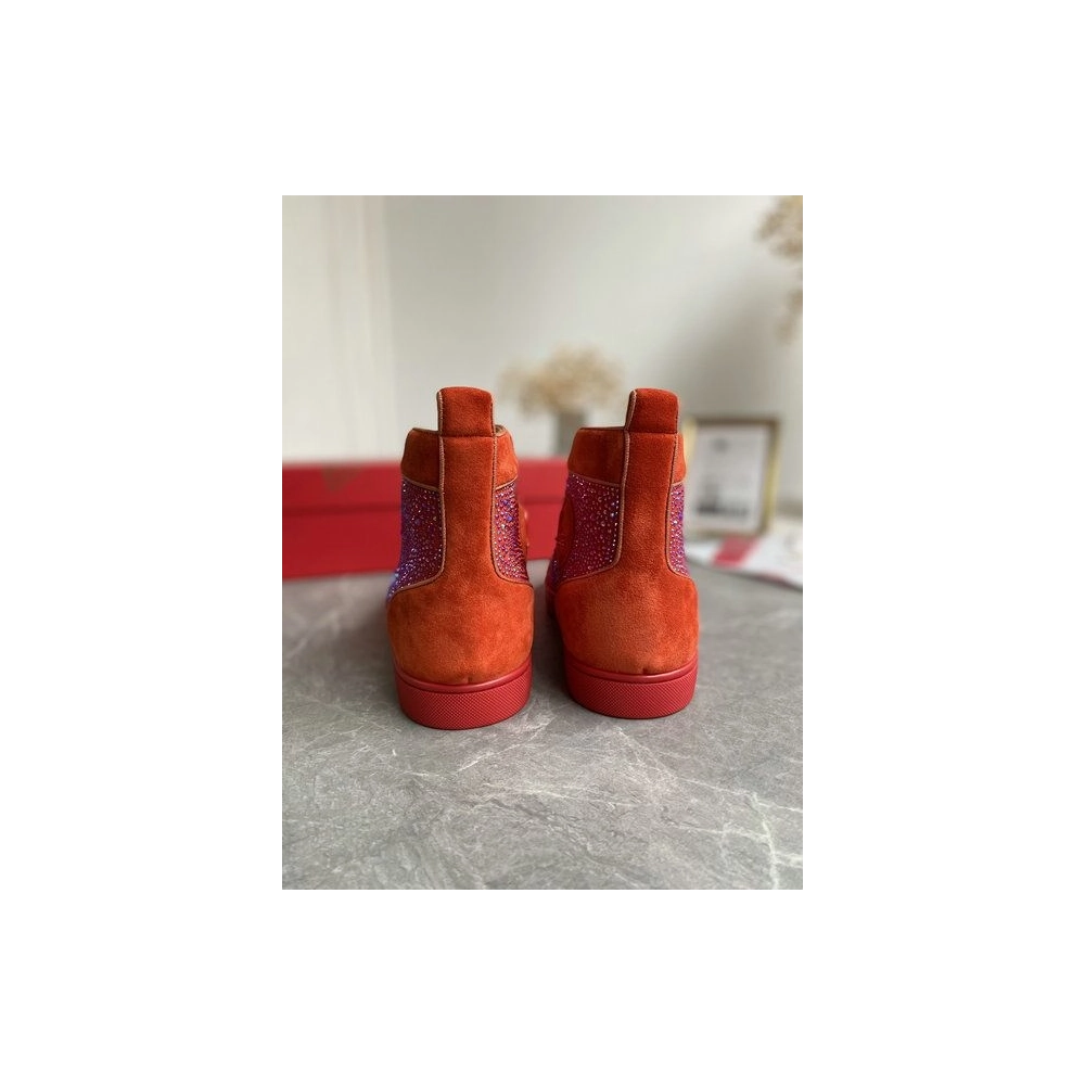 Cheap Christian Louboutin Louis Strass High-Top Sneakers Veau Velous and Strass Orange Sale Online