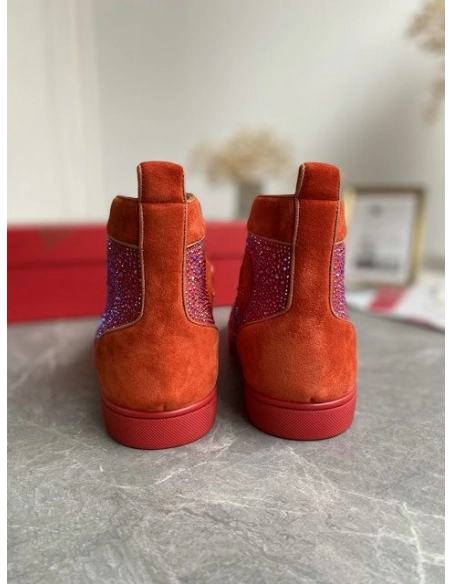 Cheap Christian Louboutin Louis Strass High-Top Sneakers Veau Velous and Strass Orange Sale Online
