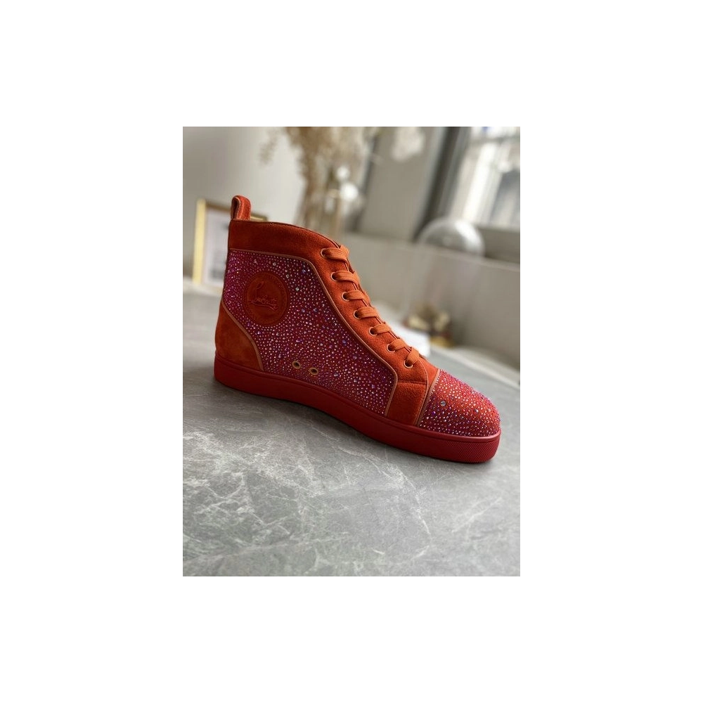Cheap Christian Louboutin Louis Strass High-Top Sneakers Veau Velous and Strass Orange Sale Online