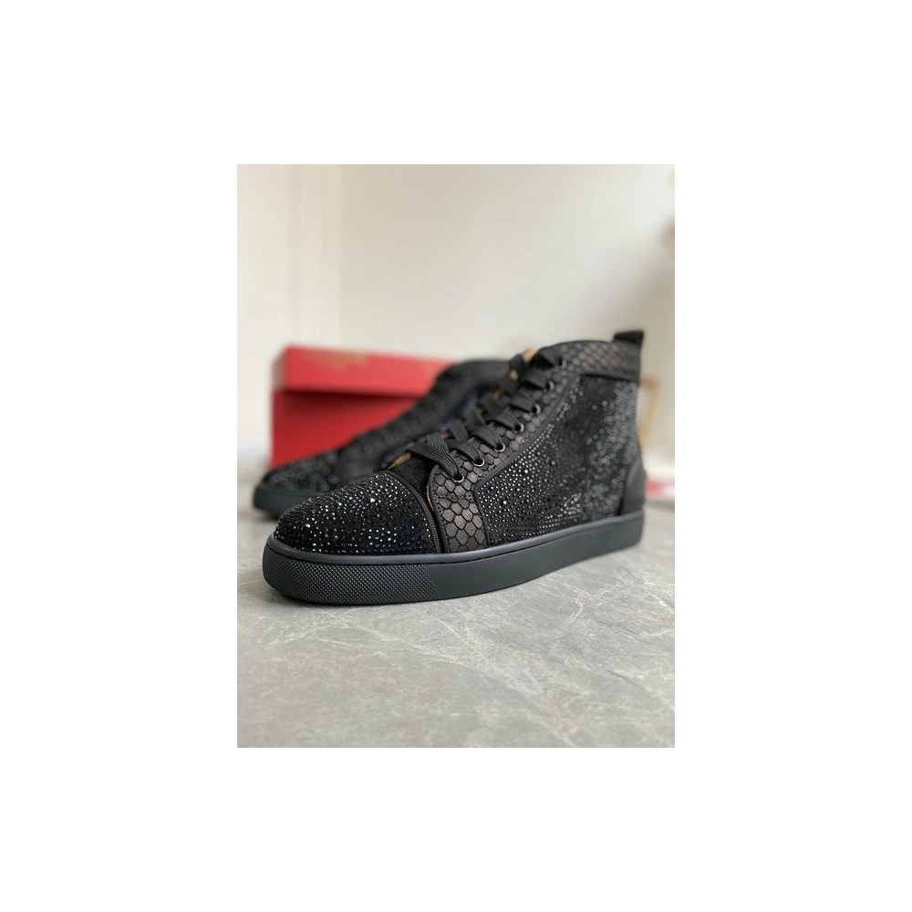 Replica Christian Louboutin Louis Strass High-Top Sneakers Black Leather and Strass