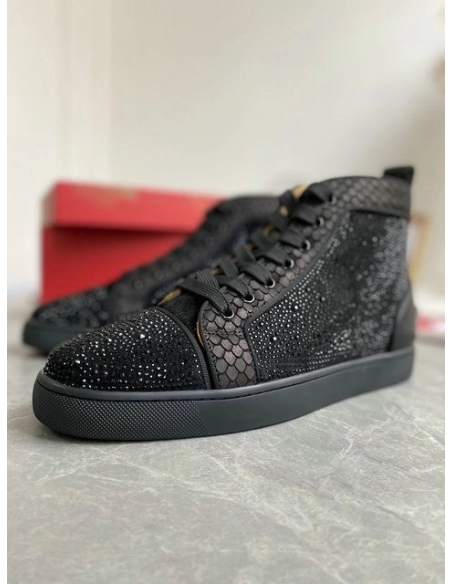 Replica Christian Louboutin Louis Strass High-Top Sneakers Black Leather and Strass