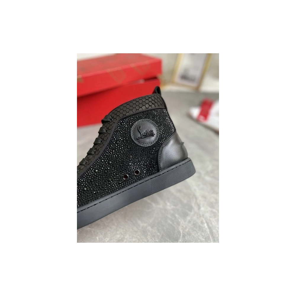 Replica Christian Louboutin Louis Strass High-Top Sneakers Black Leather and Strass