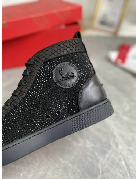 Replica Christian Louboutin Louis Strass High-Top Sneakers Black Leather and Strass