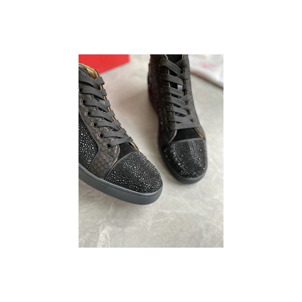 Replica Christian Louboutin Louis Strass High-Top Sneakers Black Leather and Strass