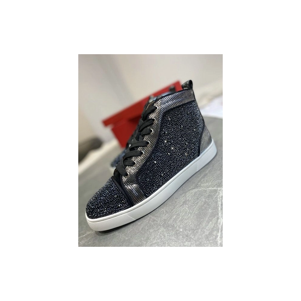 Fake Christian Louboutin Louis Strass High-Top Sneakers Leather and Strass Black