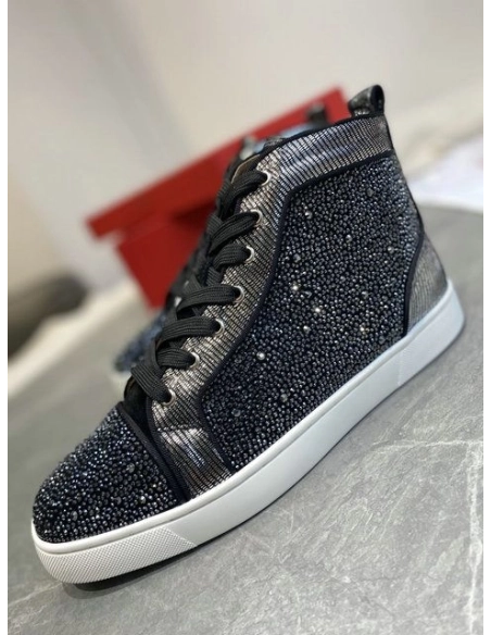 Fake Christian Louboutin Louis Strass High-Top Sneakers Leather and Strass Black
