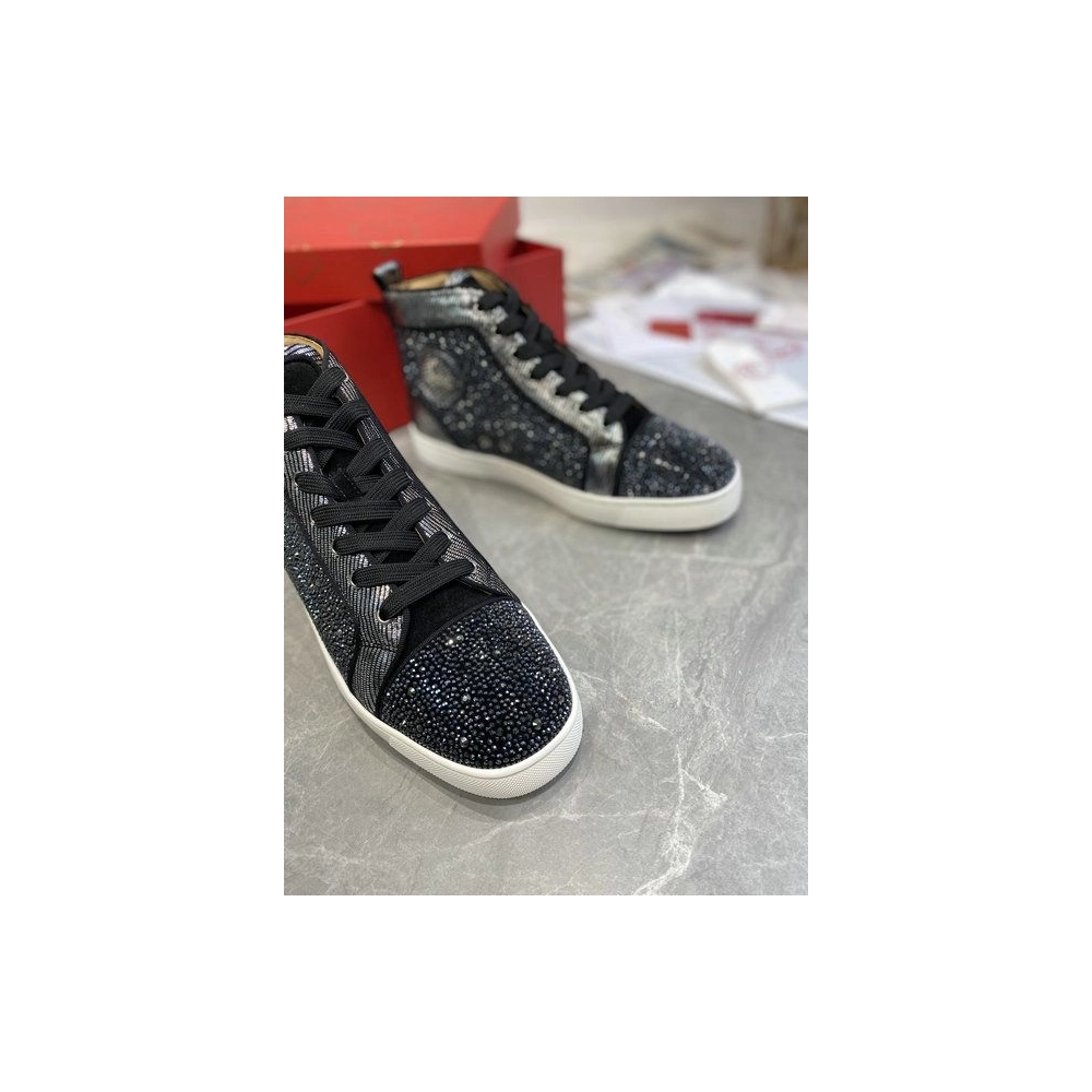 Fake Christian Louboutin Louis Strass High-Top Sneakers Leather and Strass Black