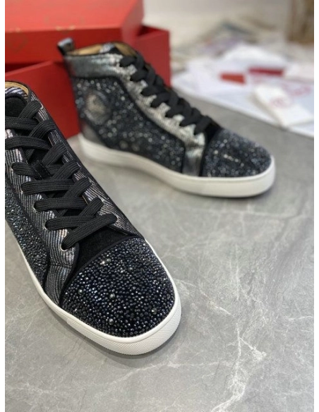 Fake Christian Louboutin Louis Strass High-Top Sneakers Leather and Strass Black