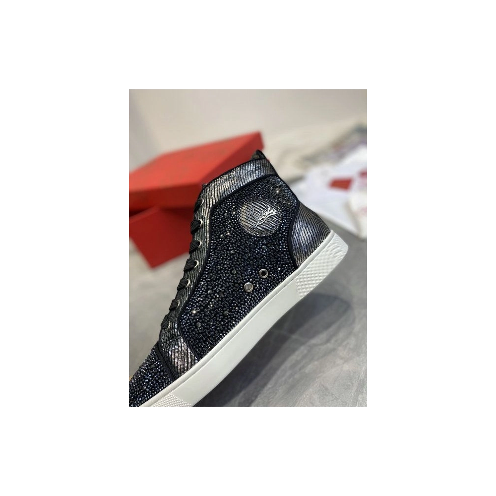 Fake Christian Louboutin Louis Strass High-Top Sneakers Leather and Strass Black