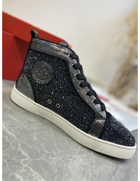Fake Christian Louboutin Louis Strass High-Top Sneakers Leather and Strass Black