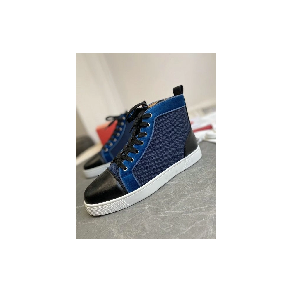 Cheap Christian Louboutin Louis High-Top Sneakers Calf Leather and Velvet Black Blue for Sale