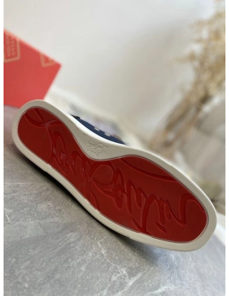 Cheap Christian Louboutin Louis High-Top Sneakers Calf Leather and Velvet Black Blue for Sale