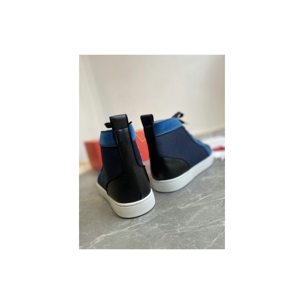Cheap Christian Louboutin Louis High-Top Sneakers Calf Leather and Velvet Black Blue for Sale
