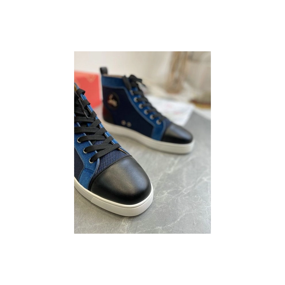 Cheap Christian Louboutin Louis High-Top Sneakers Calf Leather and Velvet Black Blue for Sale