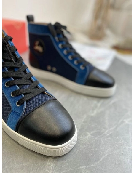 Cheap Christian Louboutin Louis High-Top Sneakers Calf Leather and Velvet Black Blue for Sale