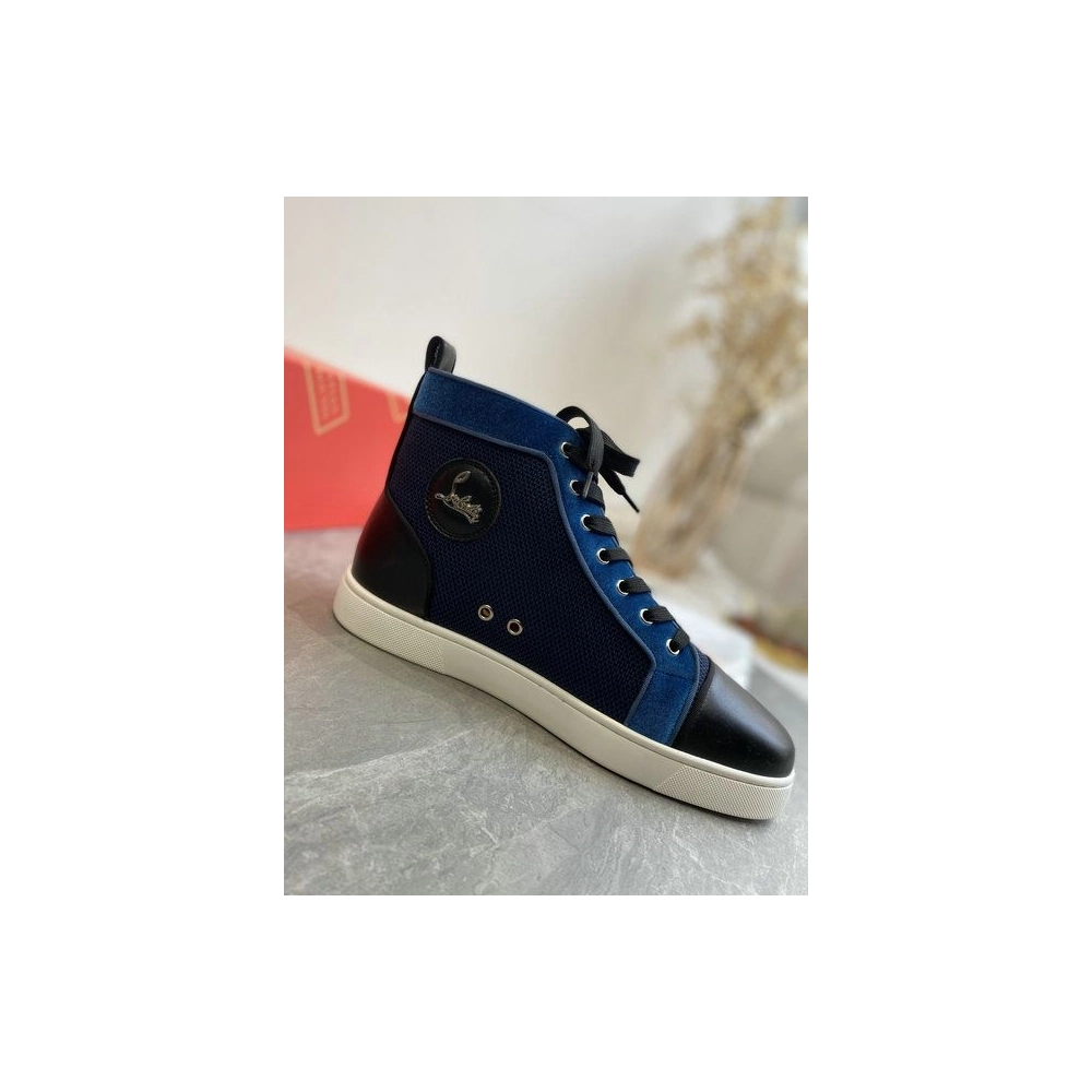 Cheap Christian Louboutin Louis High-Top Sneakers Calf Leather and Velvet Black Blue for Sale