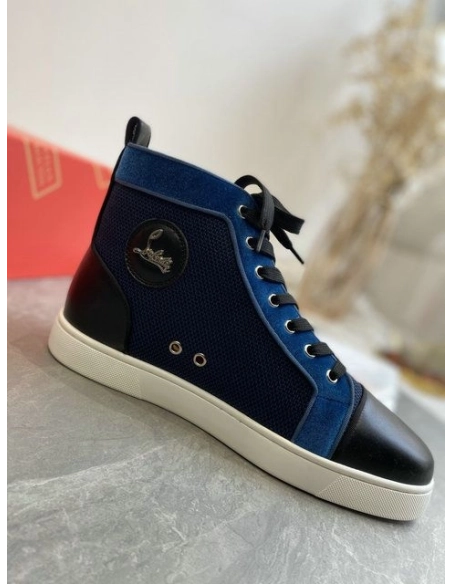 Cheap Christian Louboutin Louis High-Top Sneakers Calf Leather and Velvet Black Blue for Sale