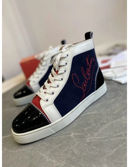 Fake Christian Louboutin Louis Flat High-Top Sneakers Patent Suede Leather Blue Black