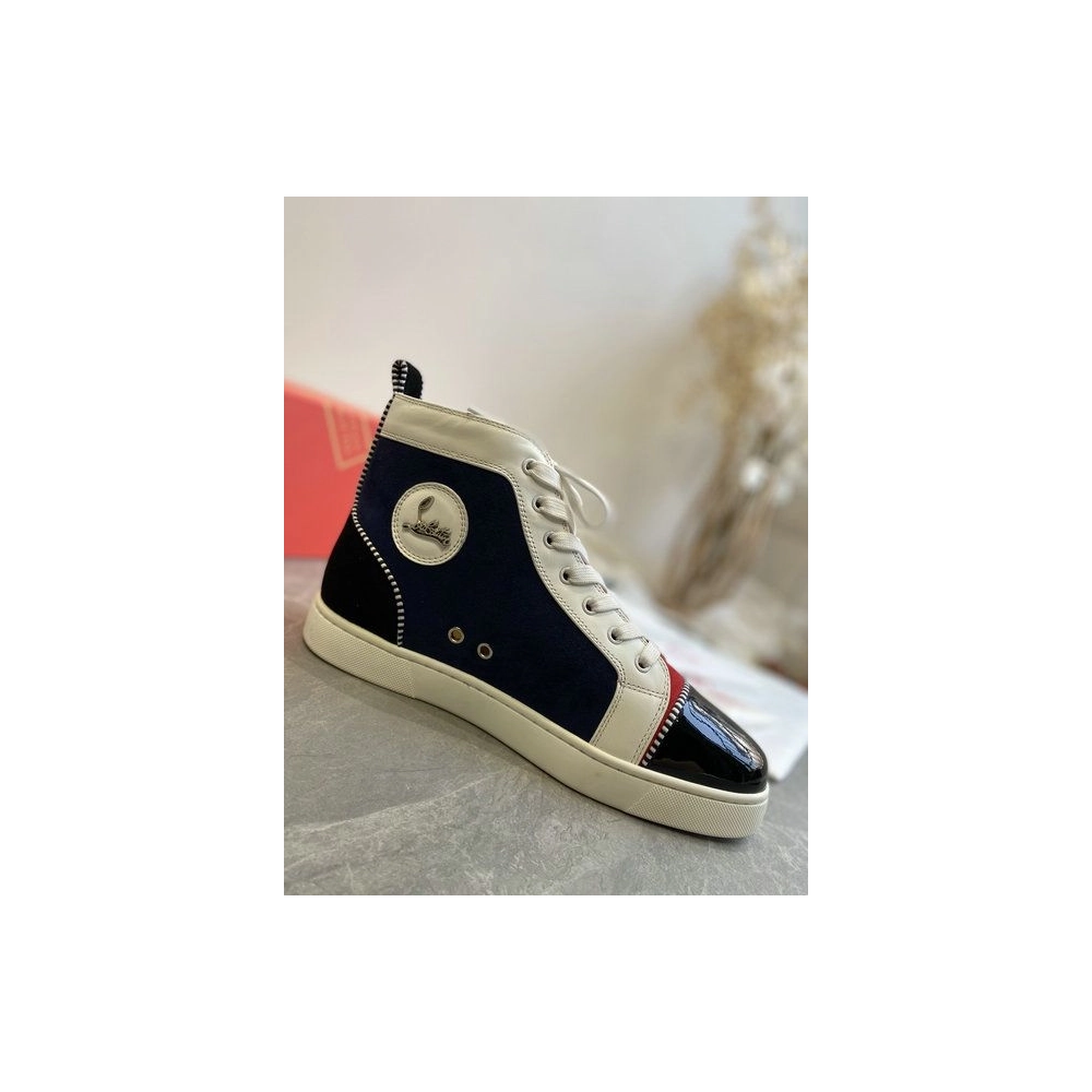Fake Christian Louboutin Louis Flat High-Top Sneakers Patent Suede Leather Blue Black