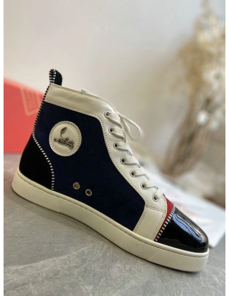 Fake Christian Louboutin Louis Flat High-Top Sneakers Patent Suede Leather Blue Black