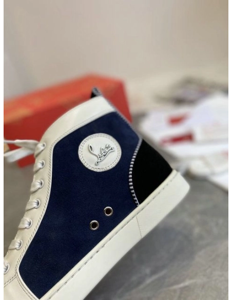 Fake Christian Louboutin Louis Flat High-Top Sneakers Patent Suede Leather Blue Black