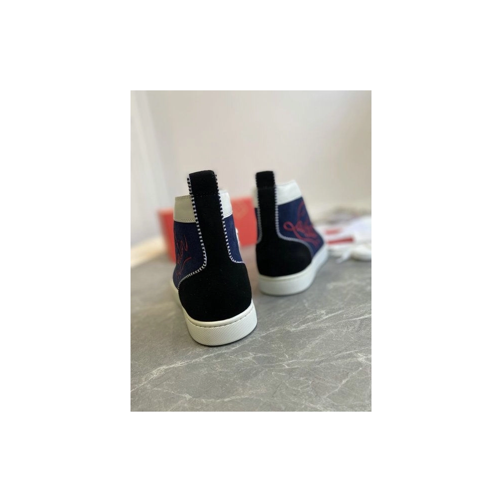 Fake Christian Louboutin Louis Flat High-Top Sneakers Patent Suede Leather Blue Black