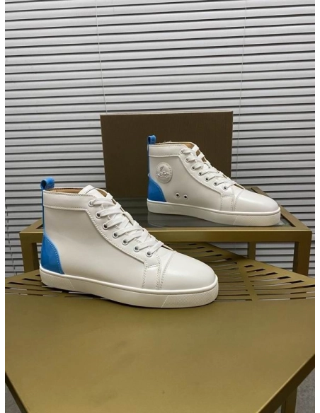 Fake Christian Louboutin Louis High-Top Sneaker Calf White Blue, Replica Christian Louboutin Shoes