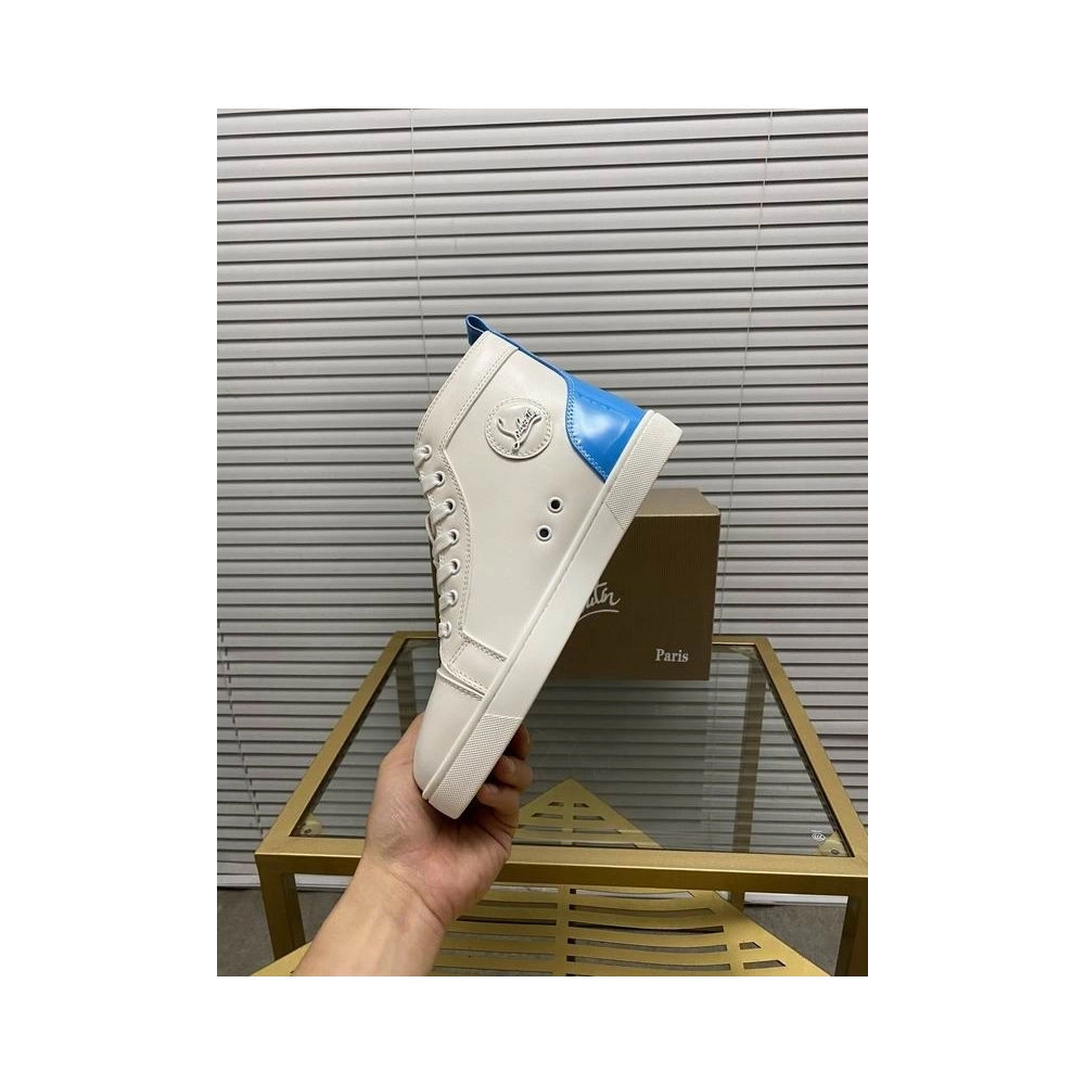 Fake Christian Louboutin Louis High-Top Sneaker Calf White Blue, Replica Christian Louboutin Shoes