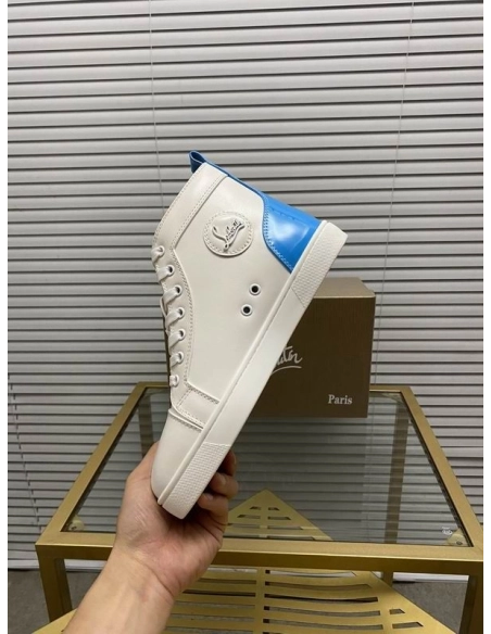 Fake Christian Louboutin Louis High-Top Sneaker Calf White Blue, Replica Christian Louboutin Shoes