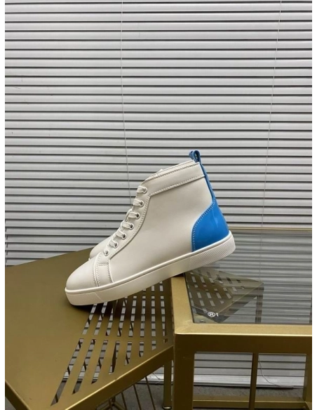 Fake Christian Louboutin Louis High-Top Sneaker Calf White Blue, Replica Christian Louboutin Shoes