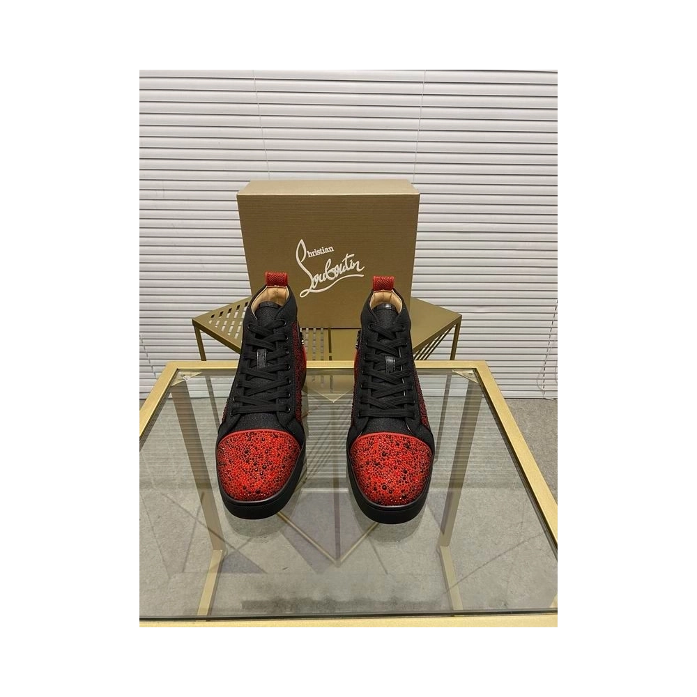 Cheap Christian Louboutin Louis Orlato Flat Glitter High-Top Sneakers Sale Online,  Discount CL Shoes